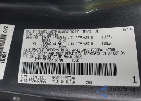 2014 Toyota Tundra Sr5 5.7L V8 z USA, uszkodzony, nr VIN 5TFEY5F13EX169701
